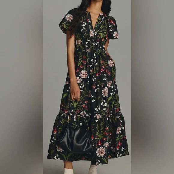 Anthropologie The Somerset Black Floral Maxi Dress - Picture 1 of 6
